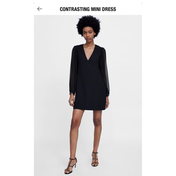 NWT Zara Contrasting Mini Black Dress V-neck with Puff Sleeves XS - Picture 8 of 10